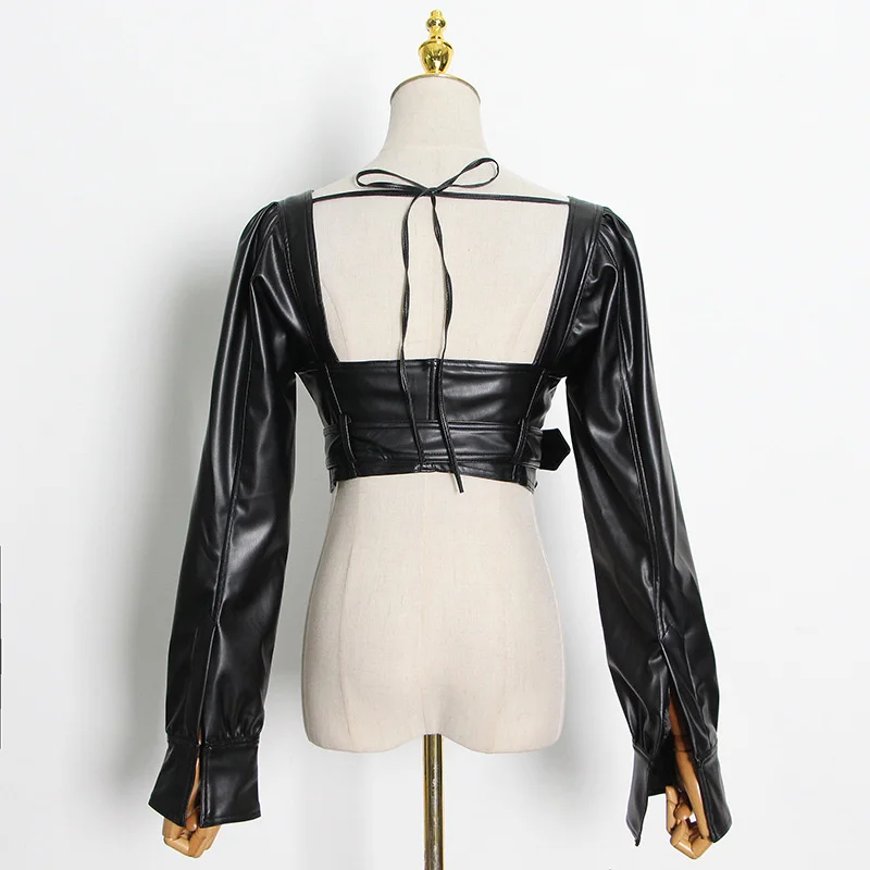 PU Leather Women's Short Jackets Long Sleeve Slim Fit  Gothic Leather Jacket Steam Punk Backless Coat Female Autumn Crop Top