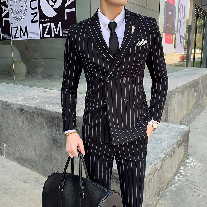 Luxury men\'s striped wedding casual tuxedo men\'s British slim suit 2pcs men\'s quality business social club suit Costume homme