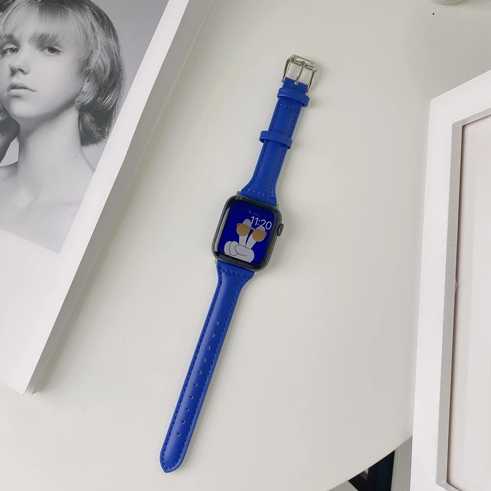 Leather Strap for Apple Watch Band Se7 6 5 4 3 2 1 Trendy Klein Blue Bracelet 38mm 40mm for iwatch Slim Correa 41/45mm 42mm Belt