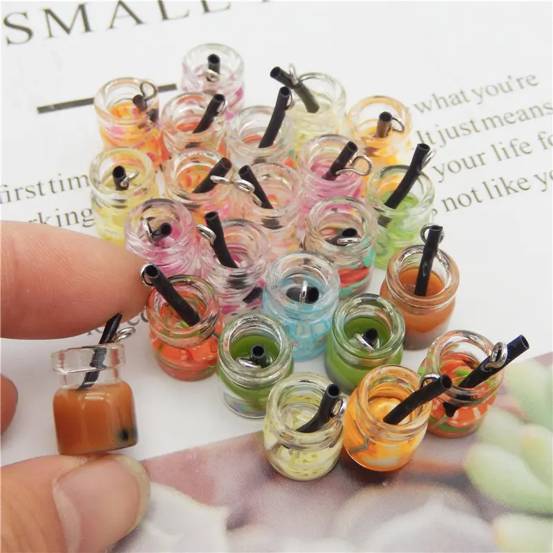 Julie Wang 10PCS Glass Bottle Charms Random Mixed Resin Fuit Flower Juice Milk Tea Pendant Bracelet Jewelry Making Accessory