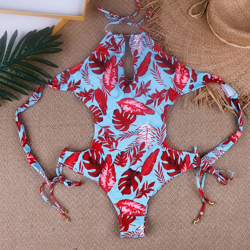 Blue Red Swimsuit Monokini One Piece ties halter stretch Swimsuit Open back Swimwear Women Summer Bathing Suit sexy Beachwear XL