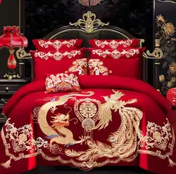 Juego de ropa de cama de lujo con bordado de Loong Phoenix, funda nórdica de algodón rojo, Sábana, fundas de almohada, funda de cama de boda china, textiles para el hogar