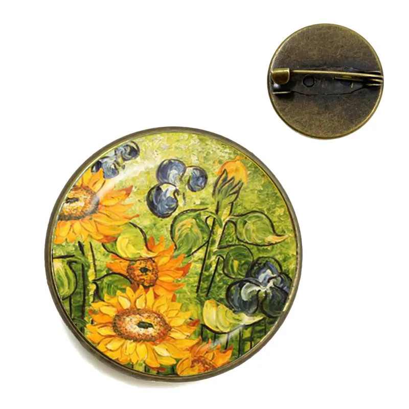 فان جوخ عباد الشمس الفن Vintage بروش البرونزية 20 مللي متر الزجاج كابوشون قبة طوق دبابيس شارة مجوهرات للنساء الرجال الاطفال هدية