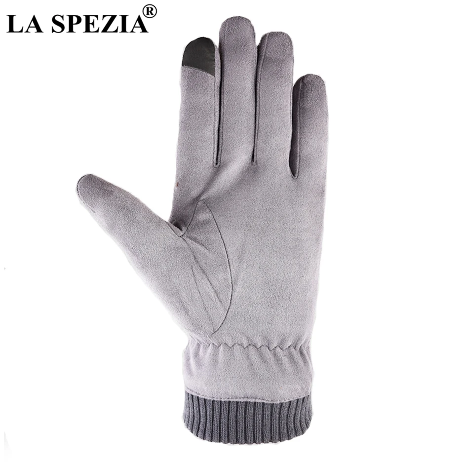 LA SPEZIA Men Gloves Winter Touch Screen Suede Gloves With Belt Navy Blue Casual Thermal Male Thick Leather Gloves Man Windproof