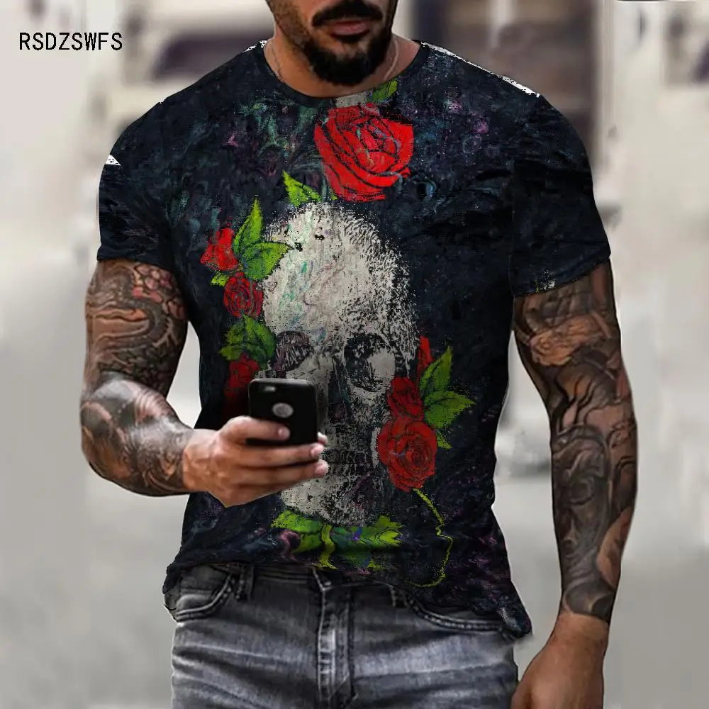 New Flower Rose Skull T Shirt Men Women 3d Print Tshirt Hipster Casual Short Sleeve Breathable T-Shirt Streetwear Cool Tee Tops