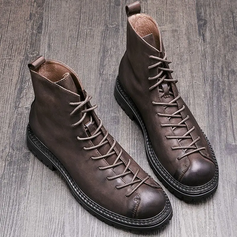 New ARRIVAL Men\'s Genuine Leather Retro  Comfort Short Boots Trendy Cool Boy Shoes Autumn