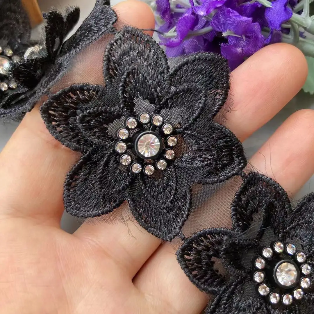 

10X Black Lace Trim Ribbon Pearl Beaded Polyester 3D Leaf Flower Fabric Handmade Embroidered Knitting Patches Sewing Craft 5.7cm