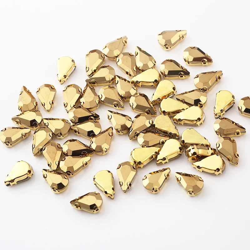 RESEN 20PCS Gold Teardrop Sewing Rhinestone With Gold Claw Glass Aurum Color Crystal Stone For Diy Clothing Dress