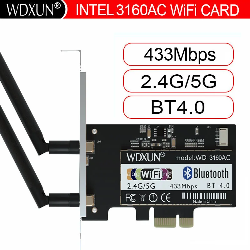 

6дБ антенны Intel Dual Band Wireless-AC 3160 Intel3160 3160HMW 2,4 & 5G 433M BT4.0 PCI-E 1X PCIe Wi-Fi беспроводная карта для рабочего стола