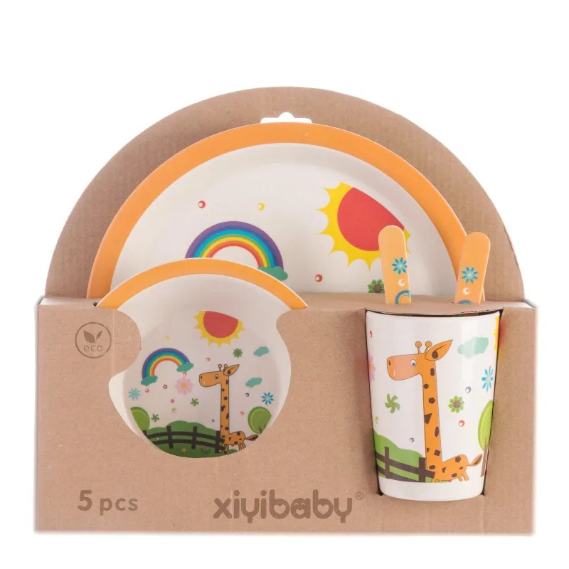 Children's Tableware Five-Piece Suit disc Bamboo Plate Cartoons Set Of Dishes Plates Baby Tableware Bowl Cup Fork Spoon