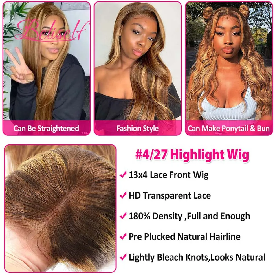 13x6 HD Lace Wig Human Hair 4/27 Highlight Wig Body Wave Human Hair 13x4/13x6 Lace Frontal Wigs Pre Plucked 5x5 HD Closure Wig