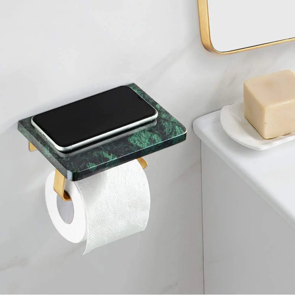 

Marble Brass Bathroom Tissue Holder Wall Mounted Toilet Paper Holder with Mobile Phone Storage Shelf