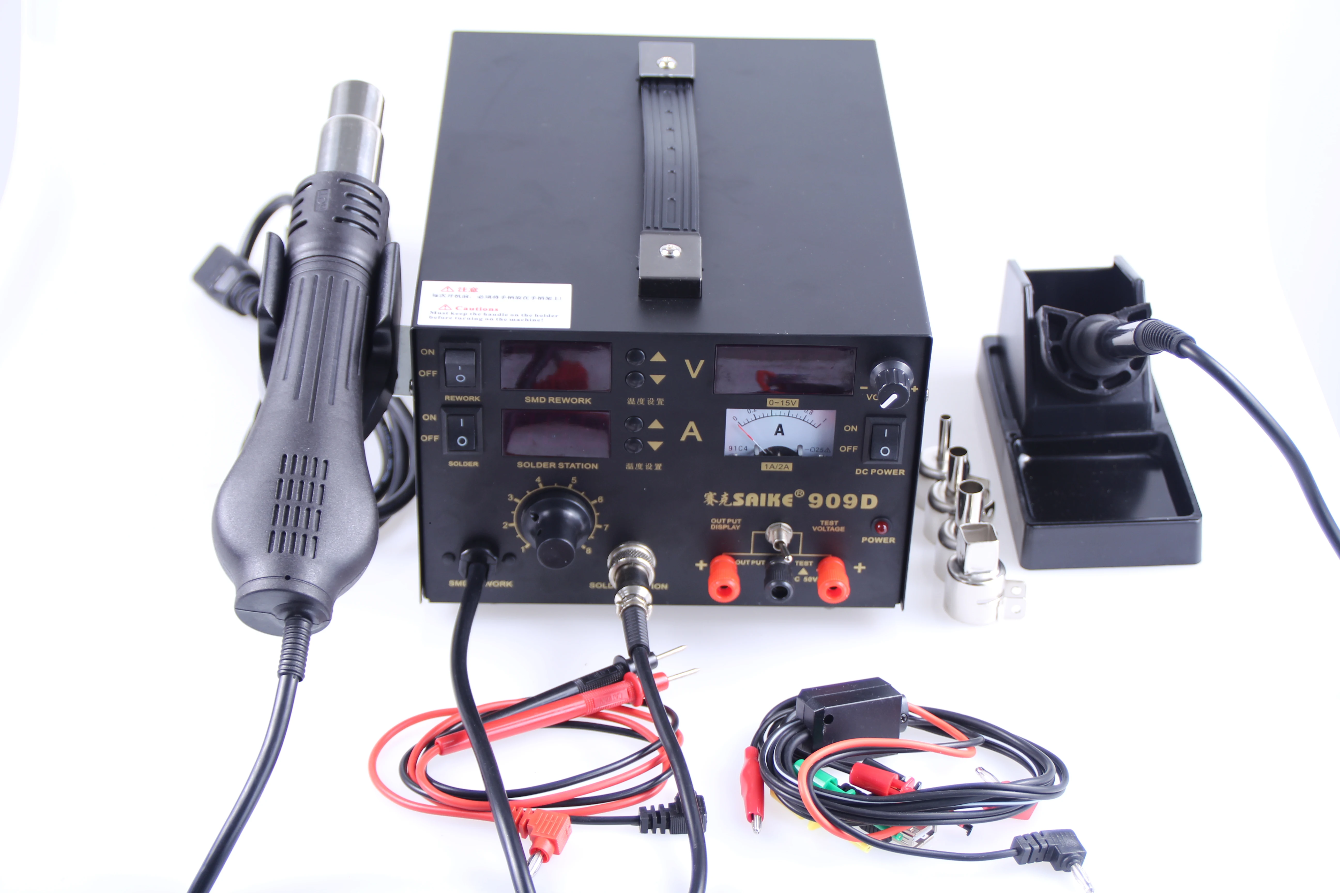 110V or 220V Saike 909D 3 in 1 Heat Air Gun Solder Iron Soldering Station + Power Supply