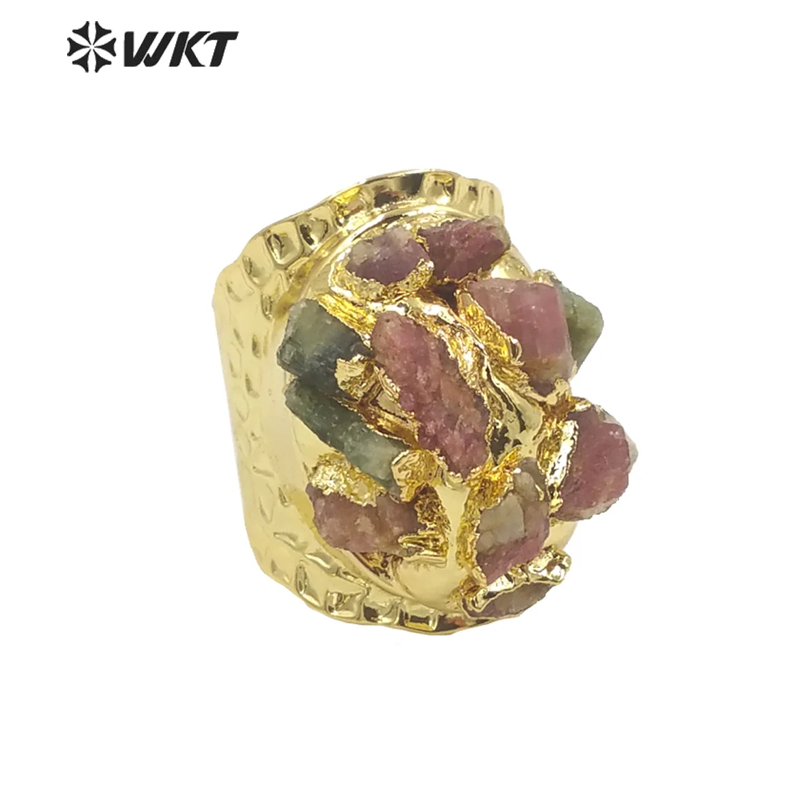 WT-R370 Amazing Bohemian Vintage Style Natural Tourmaling Raw Stone Ring Women Gold Electroplated Birthday Jewelry Gift