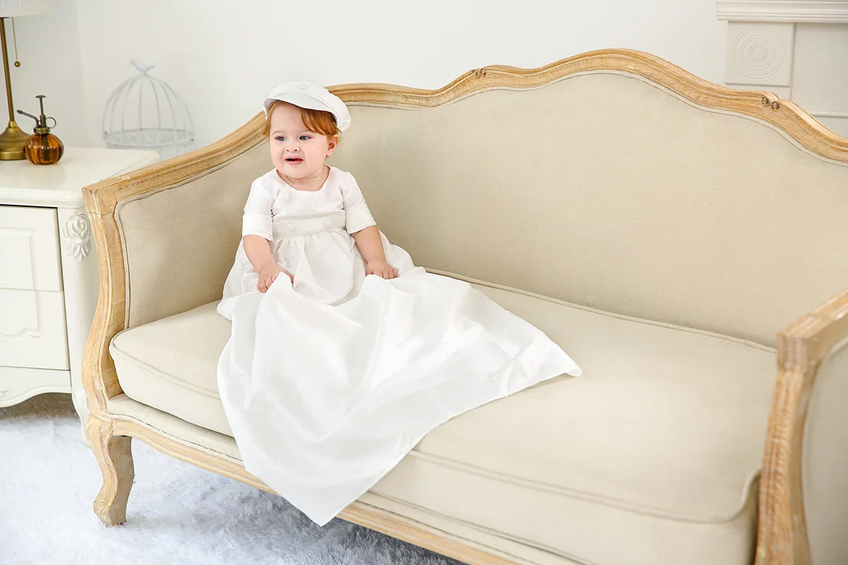 Super Long Baby Boy Baptism Dress Birthday Party Christening Ball Gown Infant Baby Wedding Formal Dresses + Hat 0 to 12 Months