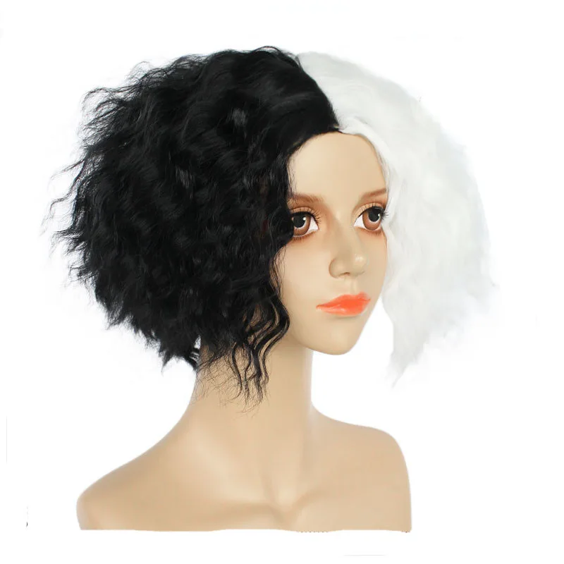 영화 코스프레 Cruella de Vil Cosplay Cruella 가발 엠마 스톤 쇼트 블랙 화이트와 블랙 브라운 곱슬 머리 가발 코스프레 의상