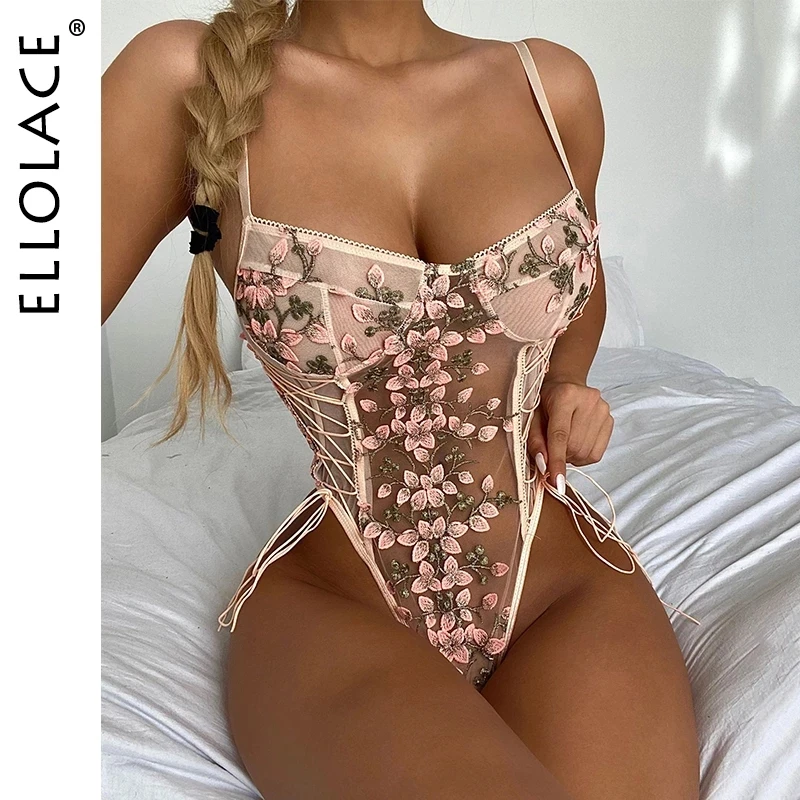 Ellolace Floral Stickerei Body Frauen Lace Up Bandage Bodies Sexy Ärmel Bodycon Transparent Dessous Mesh Bodys Top