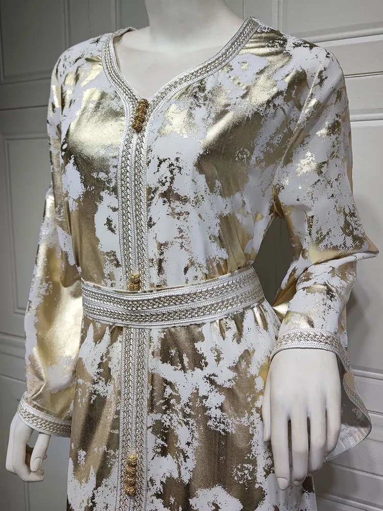 Evening Kaftan Jalabiya Women Gold Stamping Chiffon Muslim Arab Long Dress Moroccan Caftan Party Wedding White Abaya Ramadan