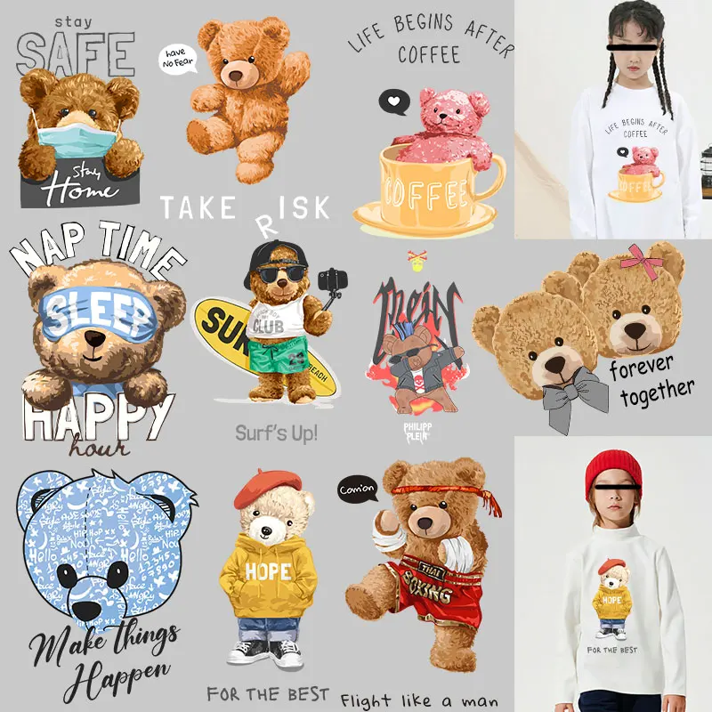 Cartoon cute animal surfing bear avatar alphabet pattern Heat Transfer PVC Patch On Transfer For Clothing Stickers on fabric