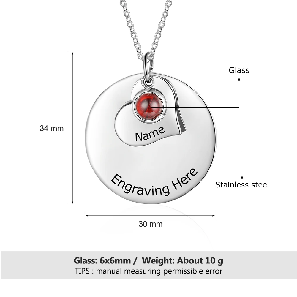 Personalized Engraved Round Disc Pendant Necklace Custom Birthstone Heart Necklaces for Women DIY Birthday Gift (NE103781)