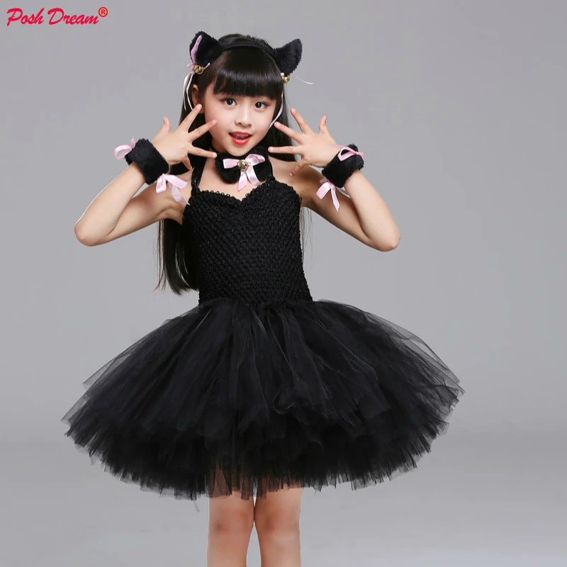 1Set Kitty Girls Tutu Dress Outfit Cat Animal Kids Halloween Costumes Toddler Baby Girl Fancy Performance Birthday Party Dress