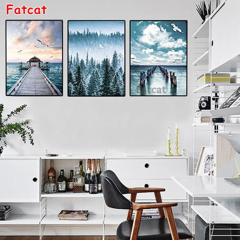 Triptych Diamond Painting Green Forest Beach Picture Boat,sea Bridge 3 Panel Full Square/Round drill Rhinestones landscap PP2229