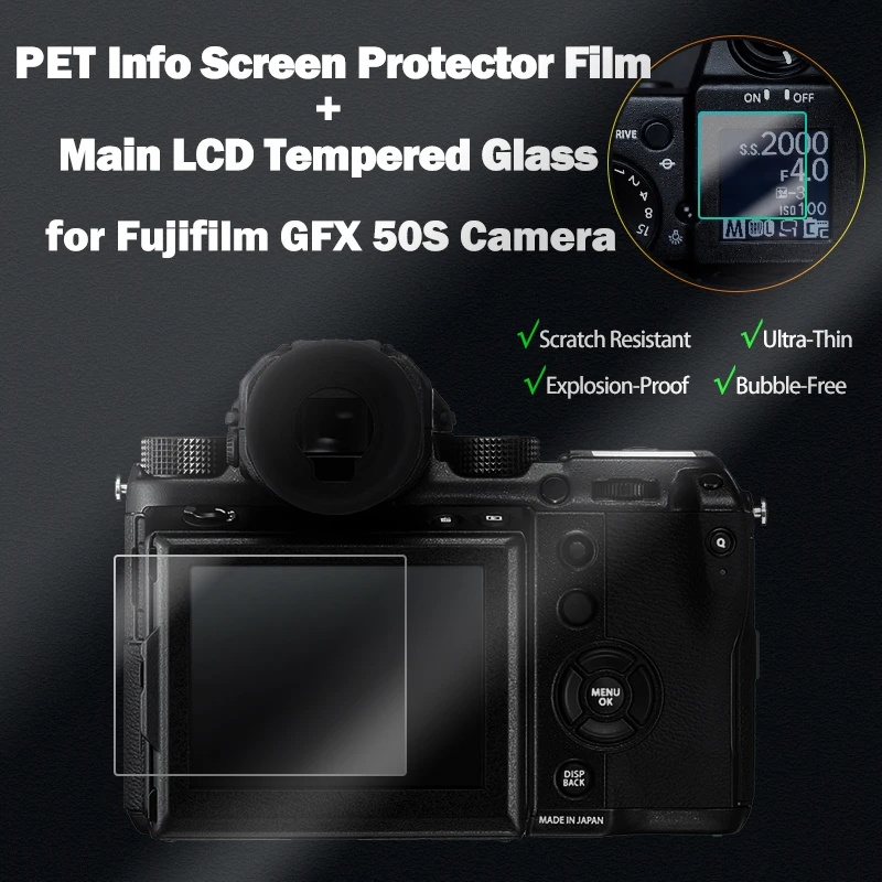 

Fuji GFX50S Camera Main Screen Tempered Glass Hardness + PET Info Film Screen Protector for Fujifilm GFX 50S Camera