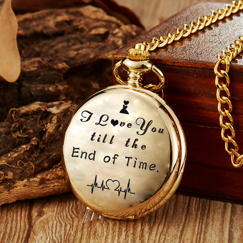 Fashion Unique Designquartz Pocket Watch I Love You  Laser Engraved Necklace Chain Clock Gold Watches  Girlfriend Gift