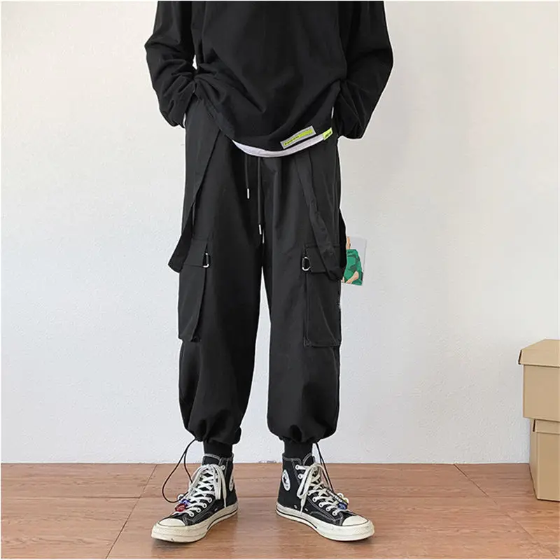 

Cargo Pants Men Korean Trendy Loose Maxi Black Overalls Safari Style Elastic Waist Pants With Pocket