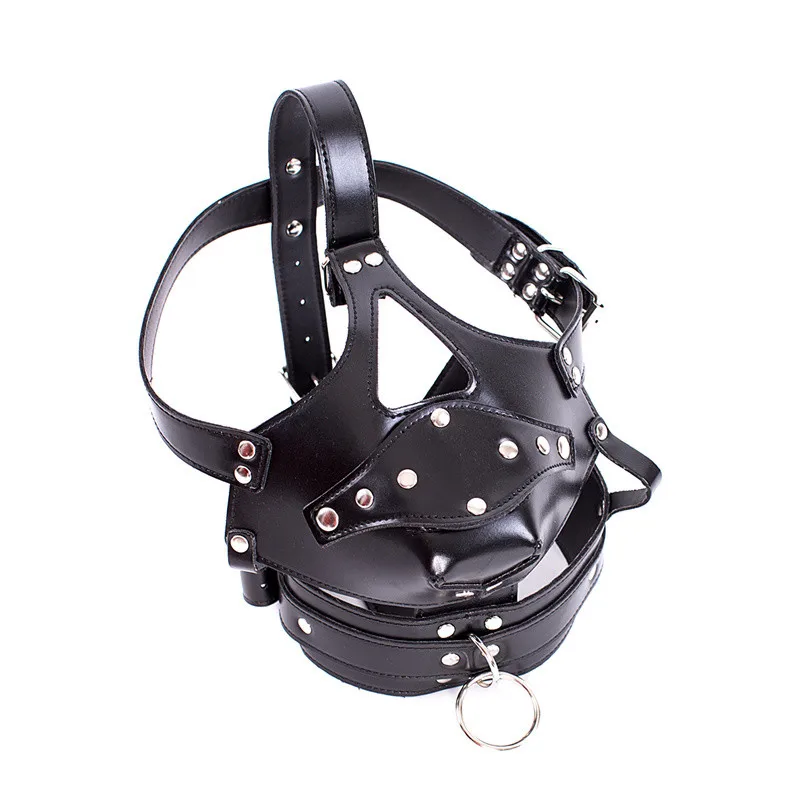 Fetish Bdsm Sex Toys of Sexy Costume of Unisex Leather Half Face Bondage Hood Mask with Harness Strap Muzzle Silicone Penis Gag