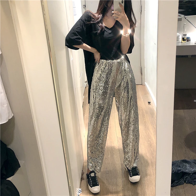 Hologram Pants Shine Bling Bling Sequins Glitter Loosen Pants High Street Club Party Show  Flare Trousers Harajuku Korean Chic