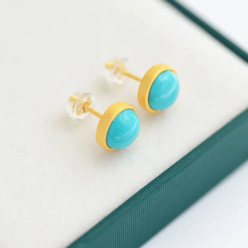 Original New Silver Inlaid Turquoise Round Earrings retro cool charm sand gold craft light luxury women\'s brand jewelry