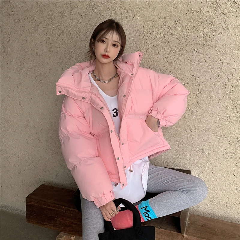 Winter Puffer Cotton-padded Coats Female\'s Oversized Hooded Parka Short Loose Warm Bread Coat Candy Color Cotton Jacket