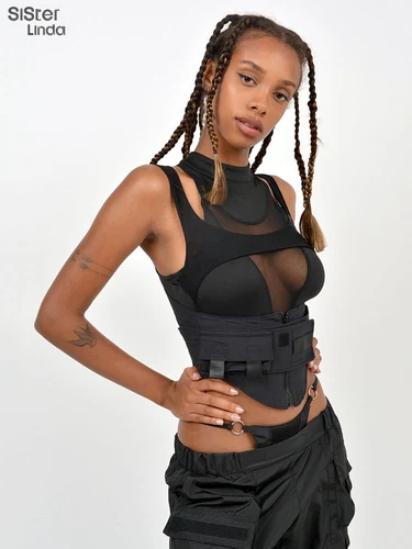 Imagen 2 del producto Sisterlinda-Camiseta sin mangas de Moto Y2K para mujer, retales de malla, cinturón ajustado, cremallera, multicapa, deportiva, tendencia locomotora, Primavera, 2022