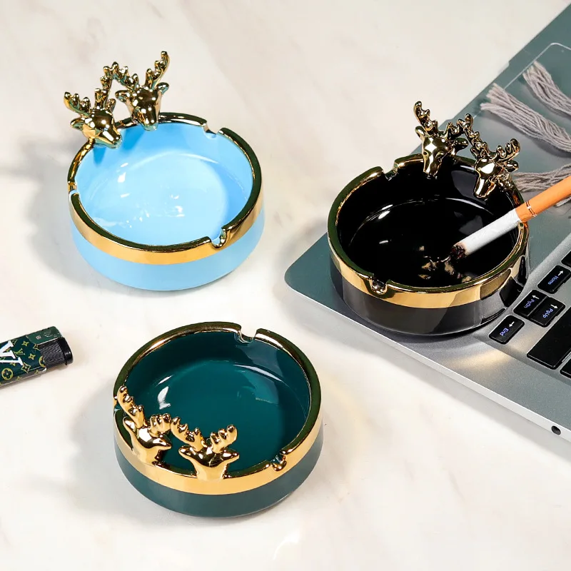 Round Gold-plated Deer Ashtray Cute Animal Ceramic Ashtray Office Living Room Decoration Desktop Storage Box Gift Art Decoration