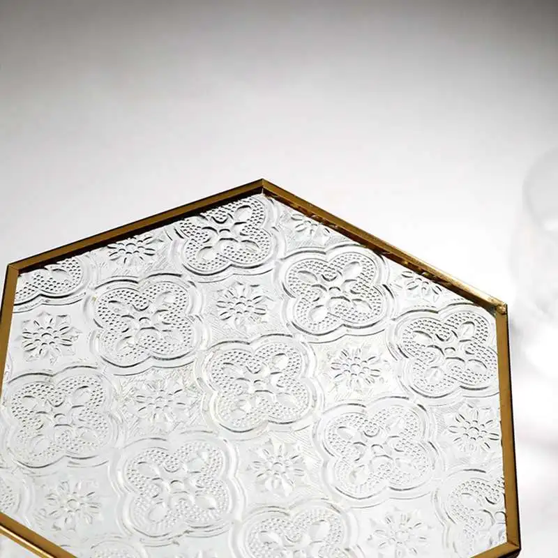 Retro Window Grille Glass Coaster European Gold Copper Embossed Pattern Hexagonal Glass Coaster Dining Insulation Pad