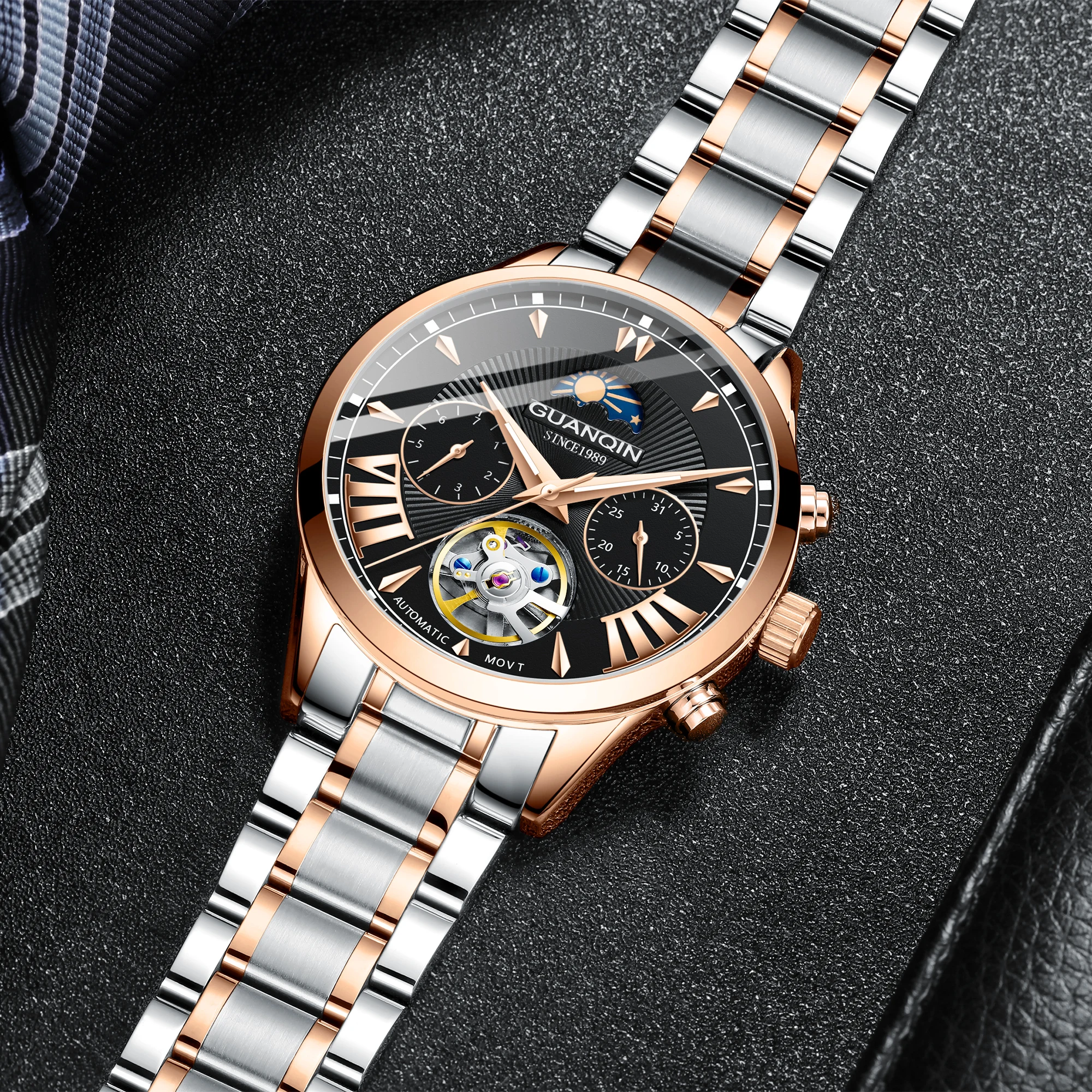 GUANQIN Men Business Automatic Self-Wind Wrist Watch Hollow Luminous Waterproof Mechanical Clock Top Brand Sapphire Wristwatch
