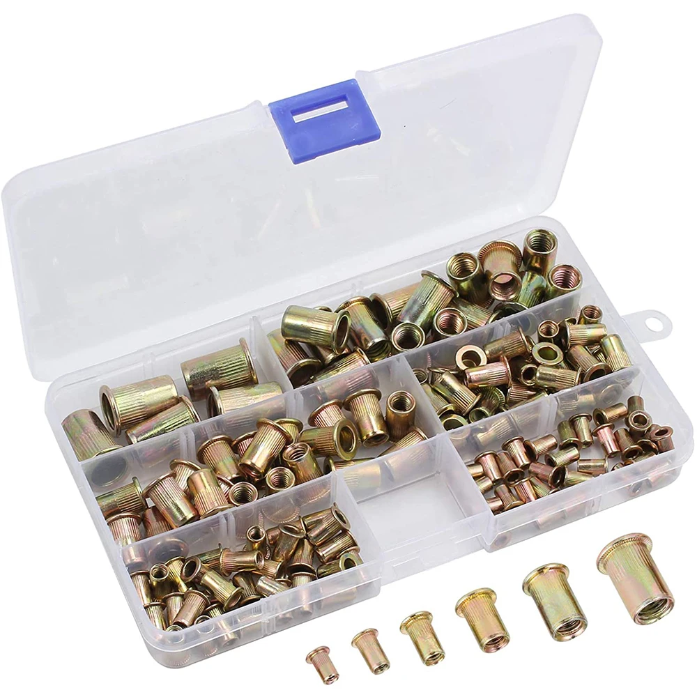 150pcs Rivet Rivet Combination Kit Rivet Nut Tool Kit Steel Yellow Galvanized Thread Rivet Nut Insert Kit M3 / M4 / M5 / M6 / M8
