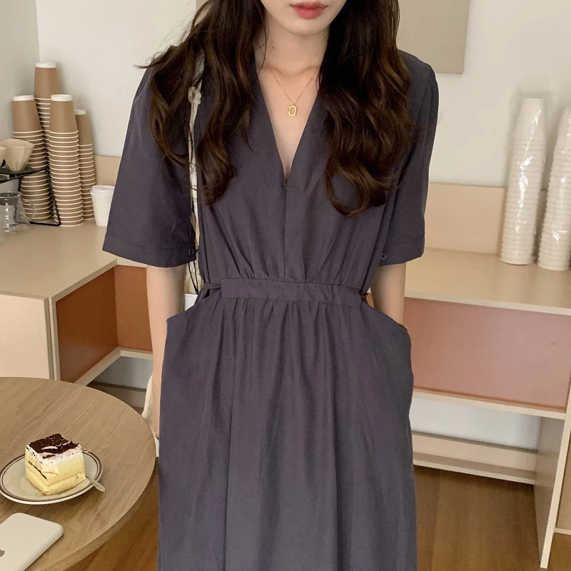 Pinkou Women Stylish Solid Midi Dress High Waist Pockets Bow Tie Sashes V Neck Green Pink Gery Female Chic Mid Calf Dresses QA76