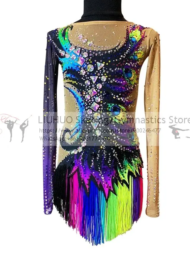 LIUHUO Figure Skating Dress Women's Girls Colorful Tassels Rhythmic Competition Unitard Ballet Dance Leotard Artistic Costume