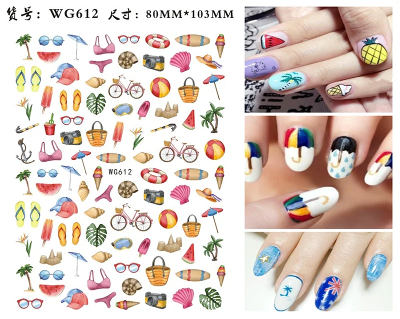 New Hawaii Series adesivi per Nail Art Beach Shell Bikini Girl Design adesivo decorazioni per Nail Art Monstera Flamingo 3D decalcomania per unghie