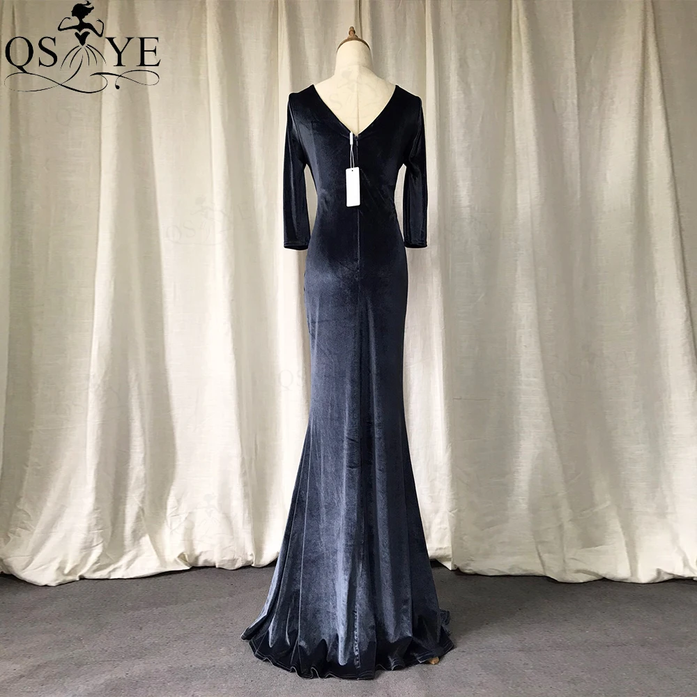 Qsyye Grey Avondjurk Lange Mouwen Velvet Mermaid Avondjurken Sexy V-hals Party Dress Ruches Taille Staart Formele Jurken