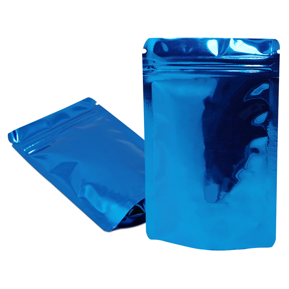 100Pcs Zip Lock Tear Notch Doypack Resealable Reusable Food Snack Ground Coffee Pack Pouches Glossy Blue Mylar Foil Stand Up Bag