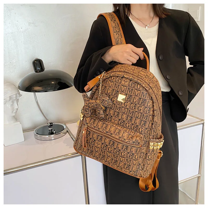 Elegant Women Backpack Purse Korean Summer Waterproof Fashion Brown PU Leather Large Capacity Plaid Letter With Rivets Gray Bag