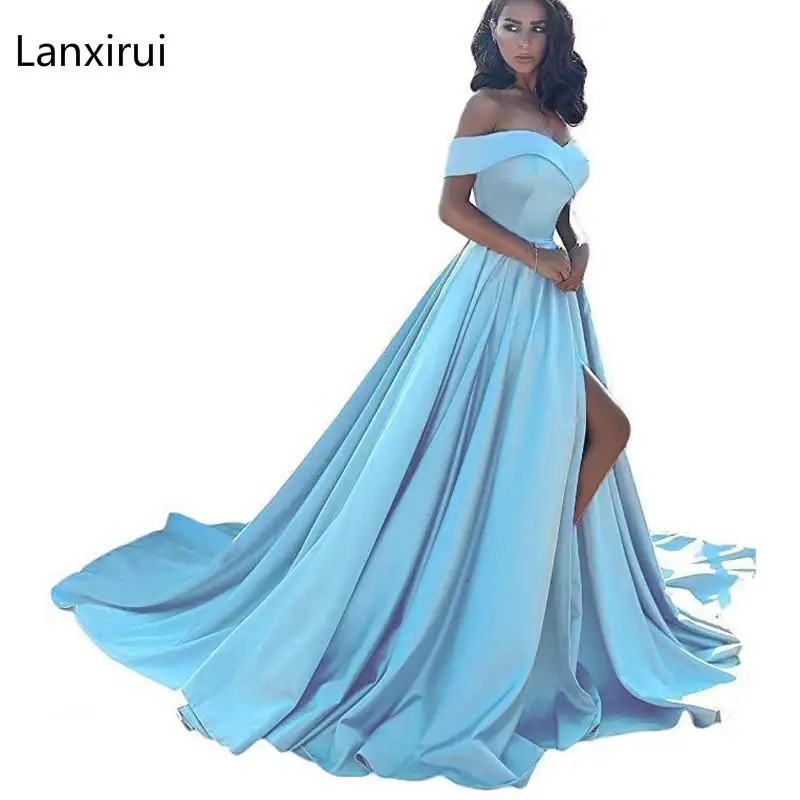 

Slash Neck Off Shoulder Floor-Length Dress Sexy Women High Waist Summer Pleated Wedding Party Dress Blue Elegant