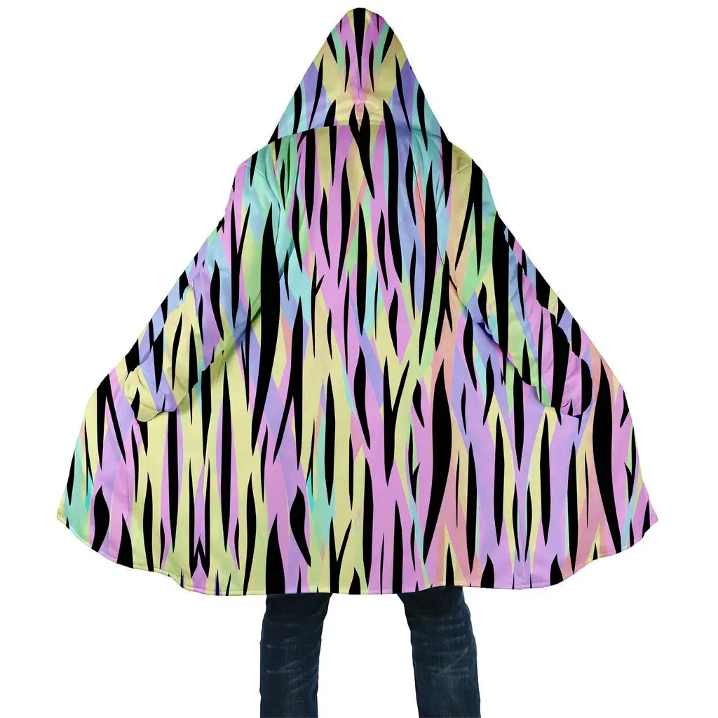 

Winter Mens Cloak Psychedelic Rainbow Tiger Stripes 3D full Printing Fleece Hooded Coat Unisex Casual Thick Warm Cape coat PF56