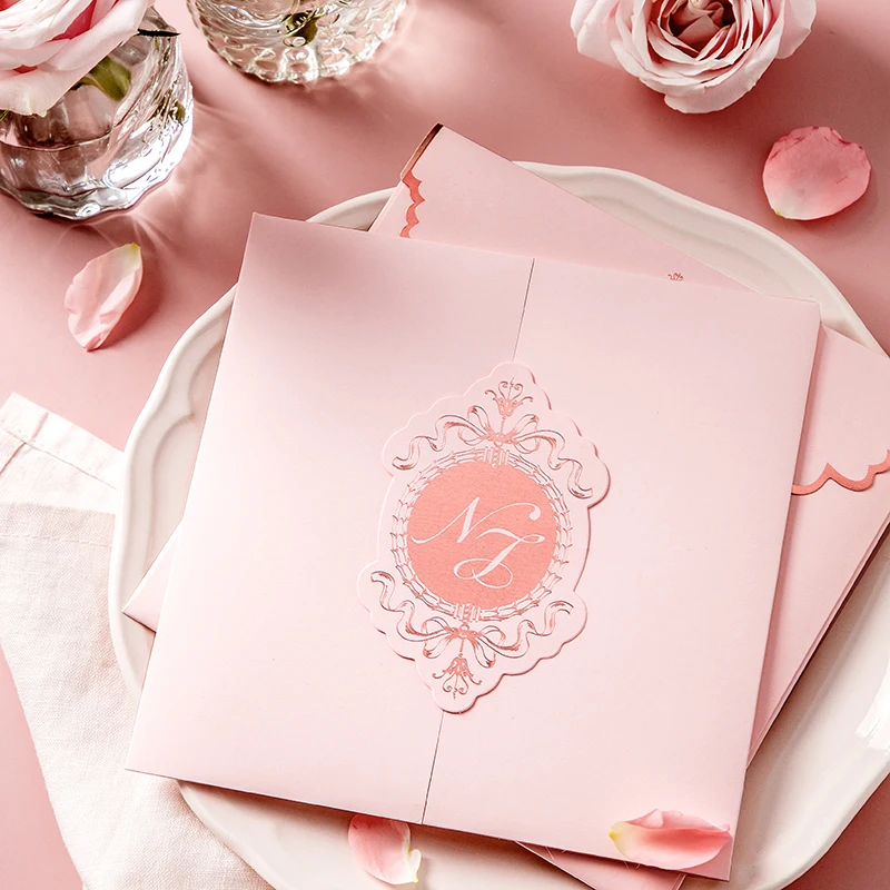 30set Customized personalized pink wedding invitations hot rose gold retro European style wedding invitation wedding decoration