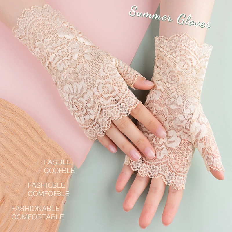 Summer Half Finger Women Sexy Lace Gloves Drive Sunscreen Cover Scars Mesh Short Cosplay Thin Jacquard Personality Mittens