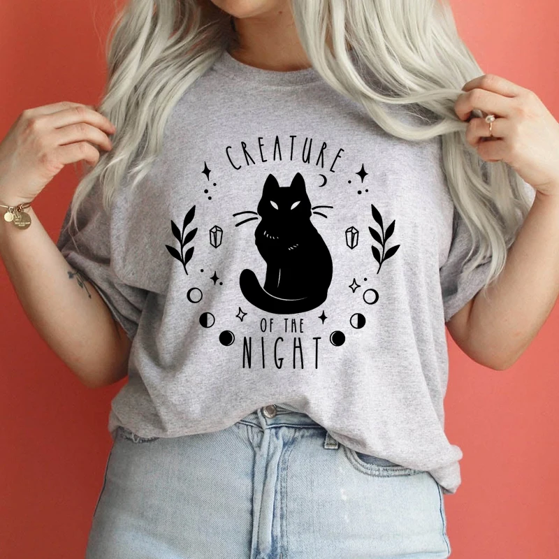 Creature Of The Night Black Cat T-shirt Fashion Women Graphic Witch Halloween Tshirt Spooky Moon Celestial Magic Crystal Top Tee