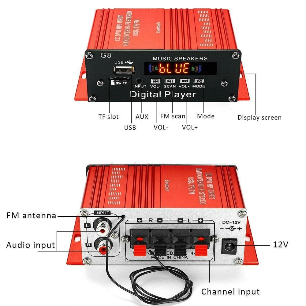 12V 200W แบบ Dual Bluetooth Power Amplifier 2.0เสียง HiFi เครื่องขยายเสียงรีโมทคอนโทรลสำหรับรถบ้าน